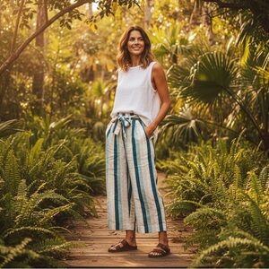 J. CREW Paper-bag linen pant in cabana stripe Turquoise Jade White Womens Size 8